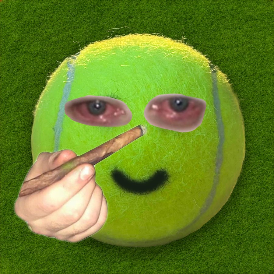 tennis ball with bloodshot eyes holding a blunt